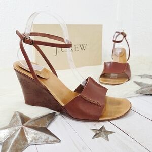 J. Crew Italian Leather Wedge Sandals Floral Embossed Cognac Brown Size 8 H
